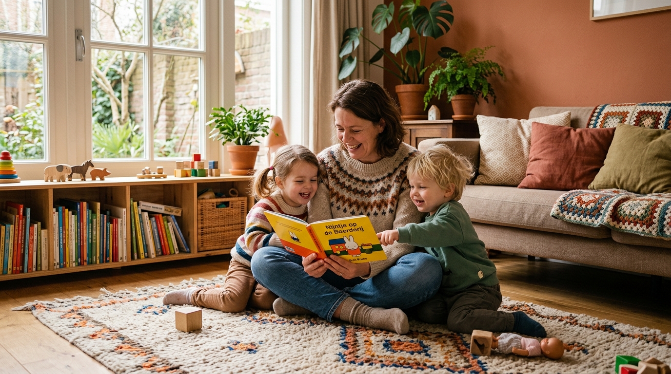 Gastouder en kindjes lezen een boekje